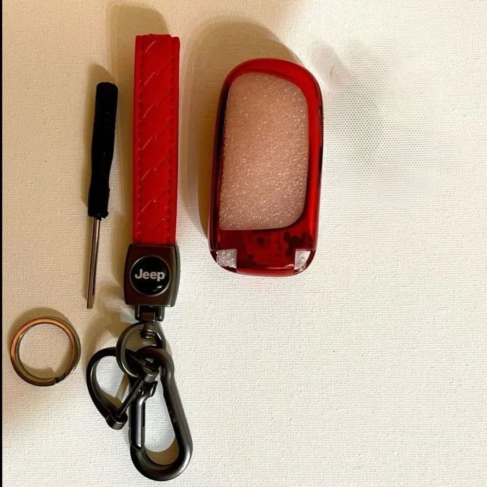 Jeep Key Fob Keychain in Red Leather and Fob Case Cover NWT